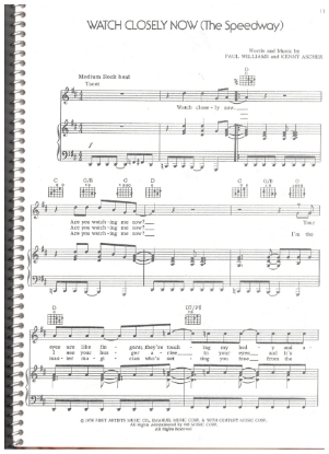 Picture of Watch Closely Now (The Speedway), from movie "A Star is Born", Paul Williams & Kenny Ascher, recorded by Kris Kristofferson, sheet music