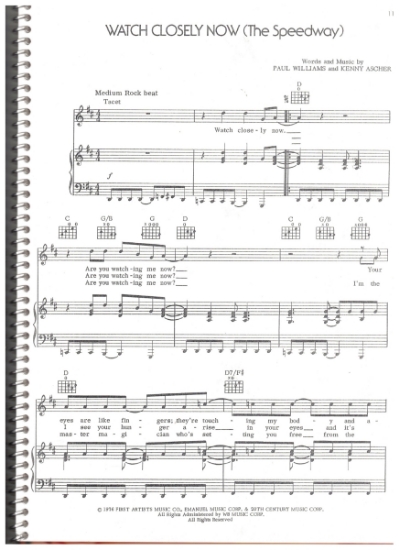 Picture of Watch Closely Now (The Speedway), from movie "A Star is Born", Paul Williams & Kenny Ascher, recorded by Kris Kristofferson, sheet music
