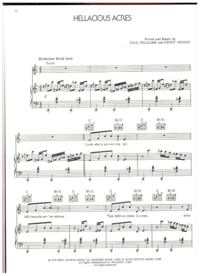 Picture of Hellacious Acres, from movie "A Star is Born", Paul Williams & Kenny Ascher, recorded by Kris Kristofferson, sheet music