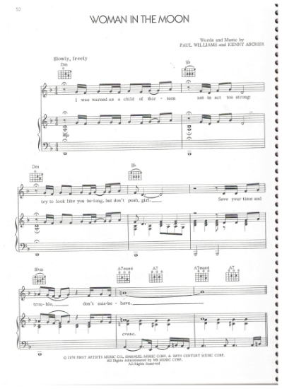 Picture of Woman in the Moon, from movie "A Star is Born", Paul Williams & Kenny Ascher, recorded by Barbra Streisand, sheet music