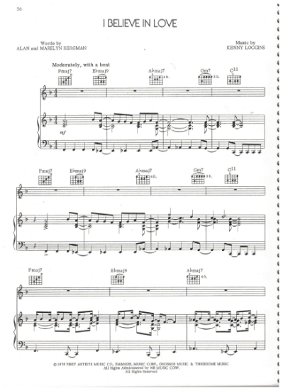 Picture of I Believe in Love, from movie "A Star is Born", Alan & Marilyn Bergman/ Kenny Loggins, recorded by Barbra Streisand, sheet music