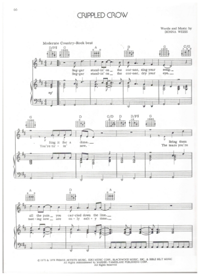 Picture of Crippled Crow, from movie "A Star is Born", Donna Weiss, recorded by Kris Kristofferson, sheet music