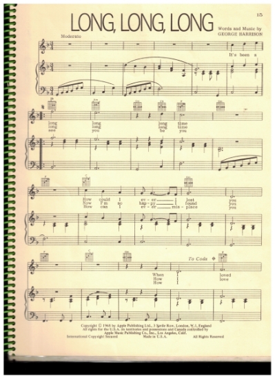 Picture of Long Long Long, words & music by George Harrison, recorded by The Beatles, sheet music