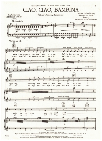 Picture of Ciao Ciao Bambina, Mitchell Parish/ Verde/ Domenic Modugno, First Prize Winner San Remo Music Festival 1959, sheet music
