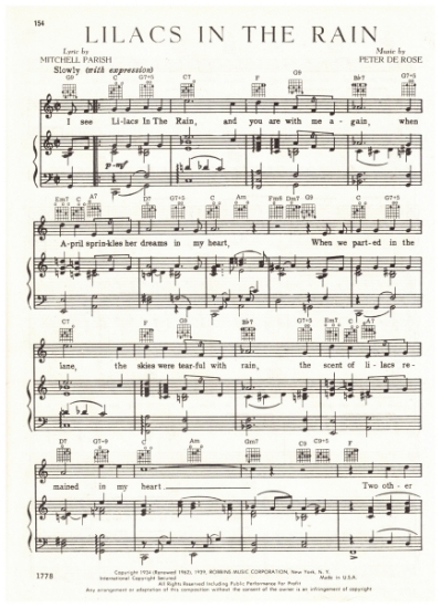 Picture of Lilacs in the Rain, Mitchell Parish & Peter DeRose, first recorded by Eddie Howard with the Dick Jurgens Orchestra, sheet music