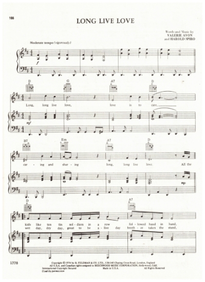 Picture of Long Live Love, Valerie Avon & Harold Spiro, recorded by Olivia Newton John, sheet music