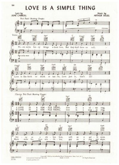 Picture of Love is a Simple Thing, from the 1952 Broadway Musical "New Faces", June Carroll & Arthur Siegel, recorded by Eartha Kitt also by Jane Morgan, sheet music