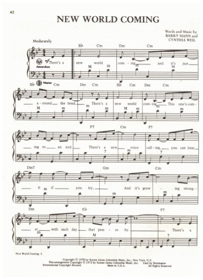 Picture of New World Coming, Barry Mann & Cynthia Weil, popularized by Mama Cass Elliot, arr. Pietro Deiro Jr. for accordion solo, sheet music