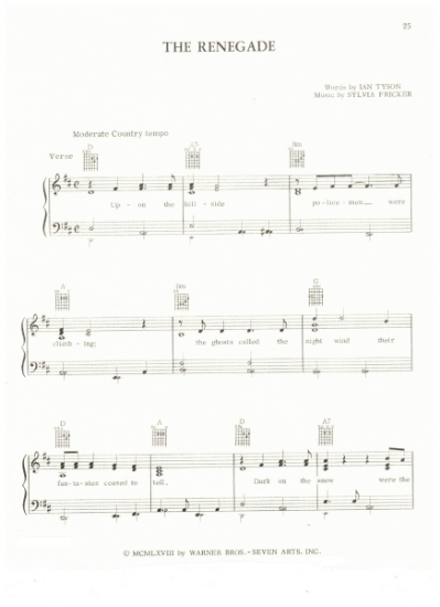Picture of The Renegade, Ian Tyson & Sylvia Fricker, from album "Nashville", recorded by Ian & Sylvia, sheet music
