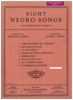 Picture of Eight Negro Songs from Bedford County Virginia, collected & edited by Francis H. Abbot & Alfred J. Swan, sheet music songbook