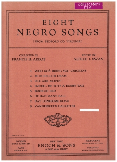 Picture of Eight Negro Songs from Bedford County Virginia, collected & edited by Francis H. Abbot & Alfred J. Swan, sheet music songbook