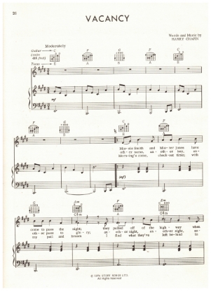 Picture of Vacancy, written & recorded by Harry Chapin, sheet music