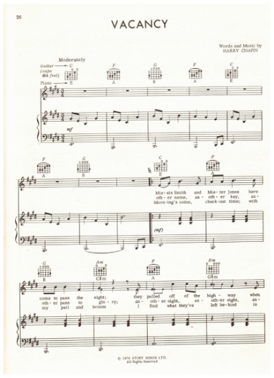 Picture of Vacancy, written & recorded by Harry Chapin, sheet music