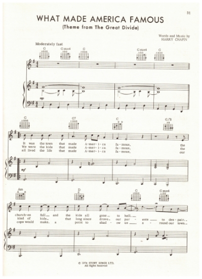 Picture of What Made America Famous, theme from "The Great Divide", written & recorded by Harry Chapin, sheet music