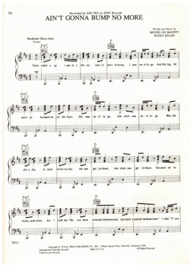Picture of Ain't Gonna Bump No More, Bennie Lee McGinty & Buddy Killen, recorded by Joe Tex, sheet music