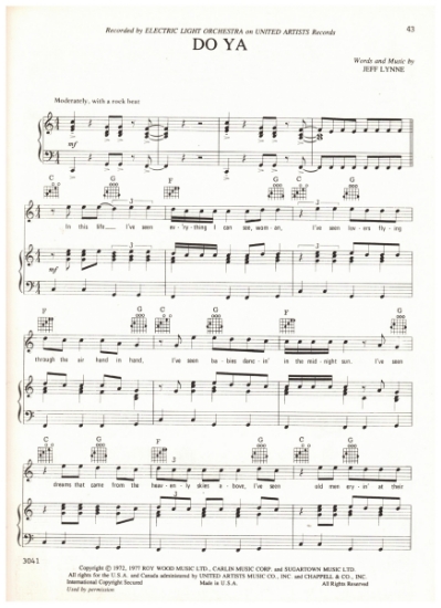 Picture of Do Ya, Jeff Lynne, recorded by Electric Light Orchestra (ELO), sheet music