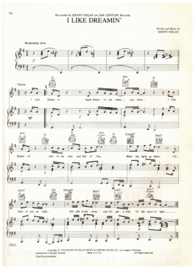 Picture of I Like Dreamin', written & recorded by Kenny Nolan, sheet music