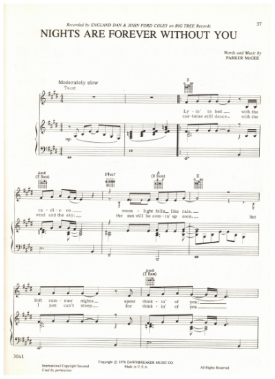 Picture of Nights Are Forever Without You, Parker McGee, recorded by England Dan & John Ford Coley, sheet music