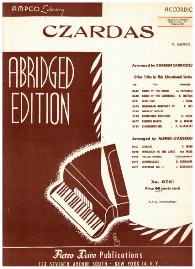 Picture of Czardas, V. Monti, simplified edition by Pietro Deiro, accordion solo sheet music