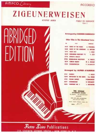 Picture of Zigeunerweisen (Gypsy Airs), Pablo de Sarasate, abridged & simplified by Carmen Carrozza, accordion solo sheet music