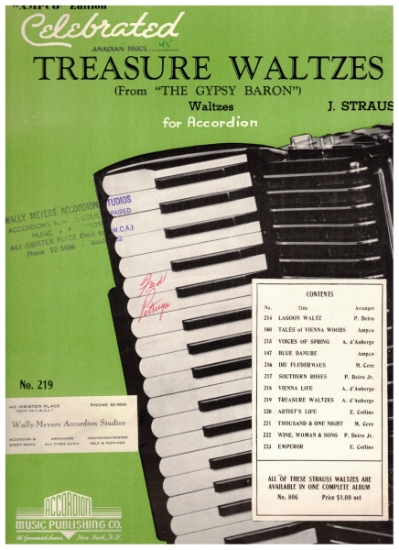 Picture of Treasure Waltzes from "Gypsy Baron", Johann Strauss, transcribed by Alfred d'Auberge, accordion solo sheet music