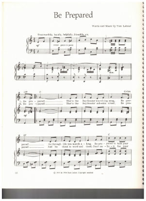 Picture of Be Prepared, words & music Tom Lehrer, sheet music