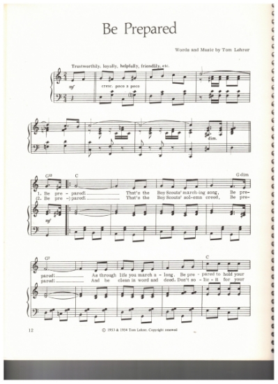 Picture of Be Prepared, words & music Tom Lehrer, sheet music