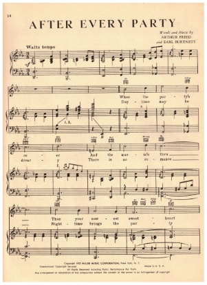 Picture of After Every Party, Arthur Freed & Earl Burtnett, recorded by Abe Lyman, sheet music