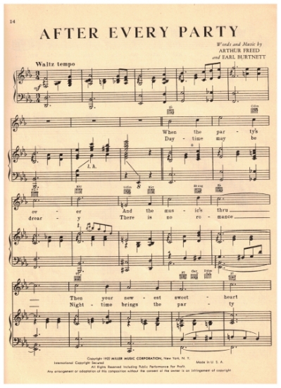 Picture of After Every Party, Arthur Freed & Earl Burtnett, recorded by Abe Lyman, sheet music