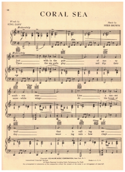 Picture of Coral Sea, King Zany & Herb Brown, recorded by Abe Lyman, sheet music