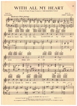 Picture of With All My Heart, from the Walter Wanger production "Her Master's Voice", Gus Kahn & Jimmy McHugh, recorded by Abe Lyman, sheet music