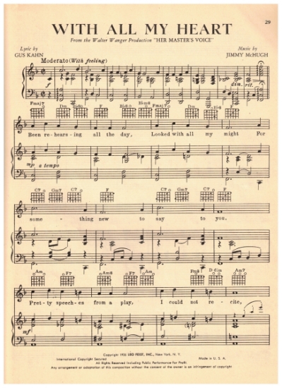 Picture of With All My Heart, from the Walter Wanger production "Her Master's Voice", Gus Kahn & Jimmy McHugh, recorded by Abe Lyman, sheet music