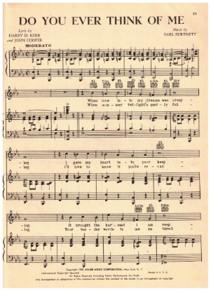 Picture of Do You Ever Think of Me, Harry D. Kerr/ John Cooper/ Earl Burtnett, recorded by Abe Lyman, sheet music