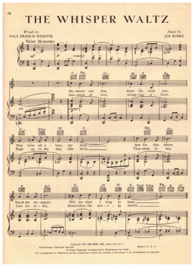 Picture of The Whisper Waltz, Paul Francis Webster & Joe Burke, recorded by Abe Lyman, sheet music