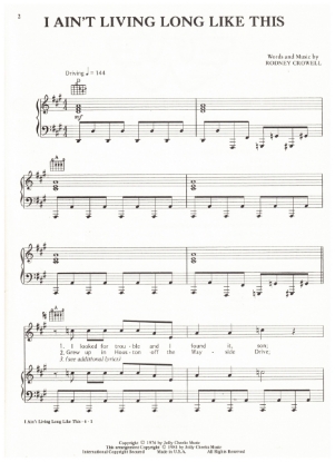 Picture of I Ain't Living Long Like This, Rodney Crowell, recorded by Waylon Jennings, sheet music