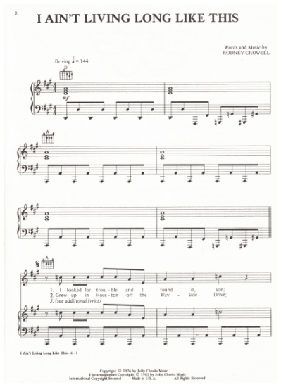 Picture of I Ain't Living Long Like This, Rodney Crowell, recorded by Waylon Jennings, sheet music