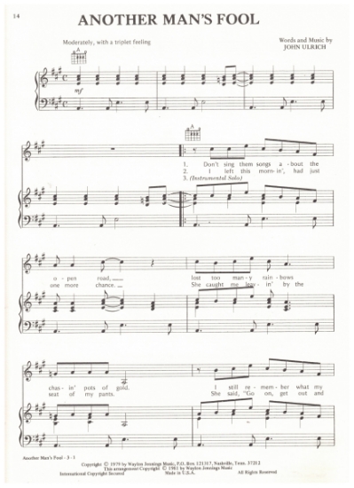 Picture of Another Man's Fool, John Ulrich, recorded by Waylon Jennings, sheet music