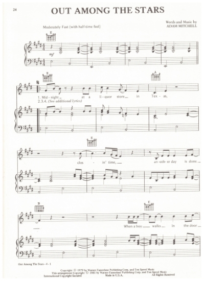 Picture of Out Among the Stars, Adam Mitchell, recorded by Waylon Jennings, sheet music