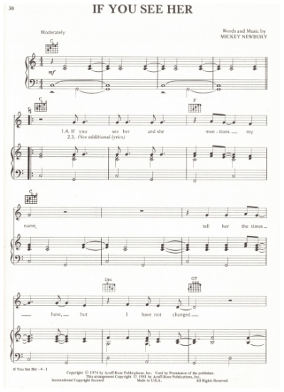 Picture of If You See Her, Mickey Newbury, recorded by Waylon Jennings, sheet music