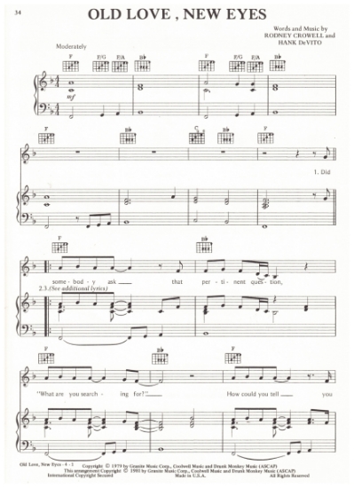 Picture of Old Love New Eyes, Rodney Crowell & Hank DeVito, recorded by Waylon Jennings, sheet music