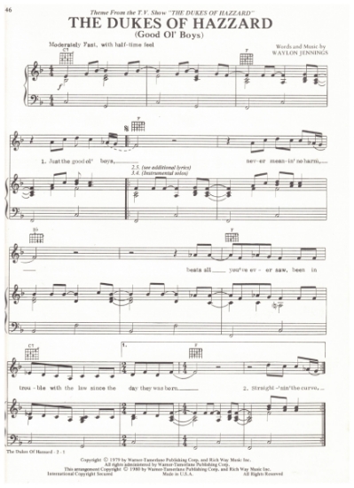 Picture of The Dukes of Hazzard (Good Ol' Boys), TV show title theme, words & music Waylon Jennings, sheet music