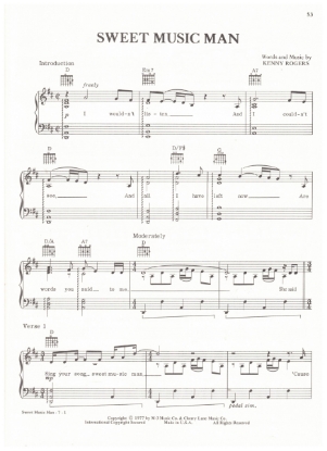 Picture of Sweet Music Man, Kenny Rogers, recorded by Waylon Jennings, sheet music