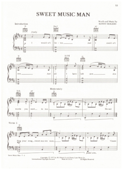 Picture of Sweet Music Man, Kenny Rogers, recorded by Waylon Jennings, sheet music