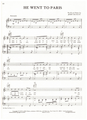 Picture of He Went to Paris, Jimmy Buffet, recorded by Waylon Jennings, sheet music