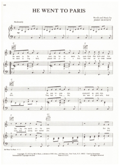 Picture of He Went to Paris, Jimmy Buffet, recorded by Waylon Jennings, sheet music