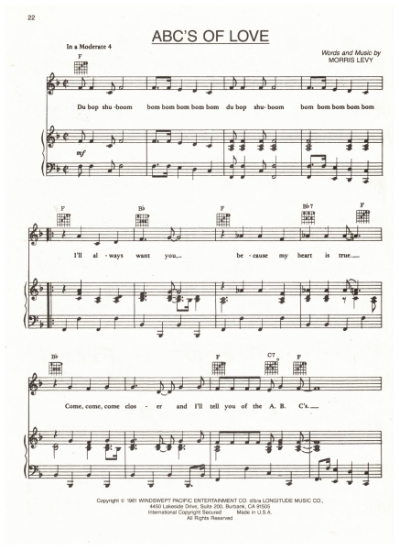 Picture of ABC's of Love, Morris Levy, recorded by Frankie Lymon & the Teenagers, sheet music