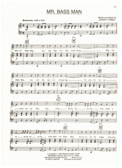 Picture of Mr. Bass Man, written & recorded by Johnny Cymbal, sheet music