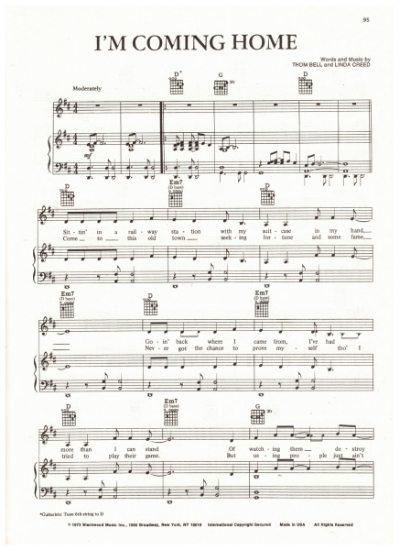 Picture of I'm Coming Home, Thom Bell & Linda Creed, recorded by Johnny Mathis; a Motown version was recorded by The Spinners, sheet music