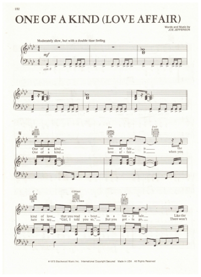 Picture of One of a Kind Love Affair, Joe Jefferson, recorded by The Spinners, sheet music