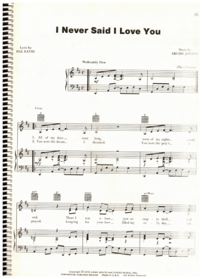Picture of I Never Said I Love You, Hal David & Archie Jordan, recorded by Johnny Mathis, sheet music